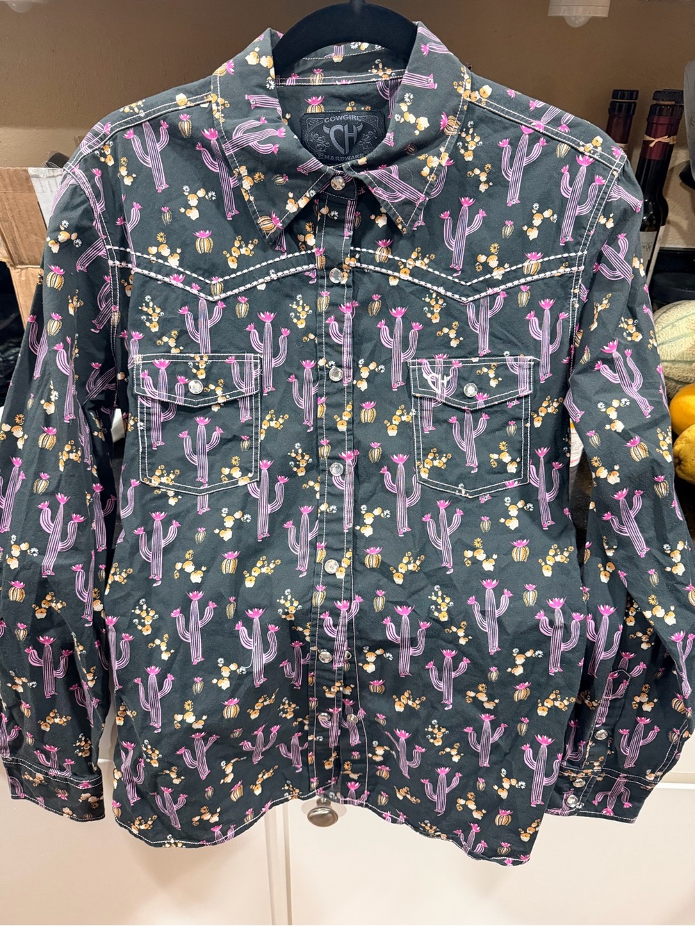 CH Women’s Black Button-Down Shirt with Pink Cactus Print